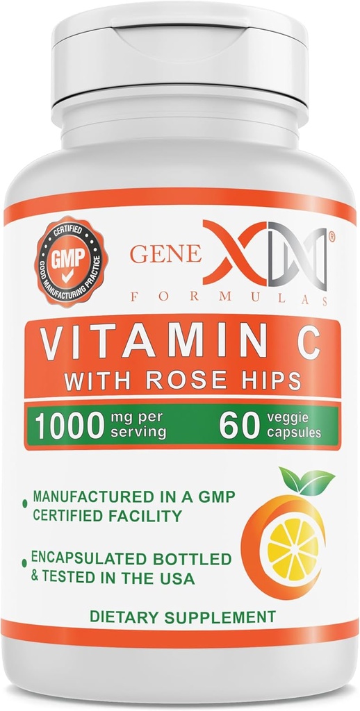 Genex Formeln 1000mg Vitamin C mit Rose HIPS (60 Kapseln) Unterstützt gesundes Immunsystem - Non-GMO, Glutenfrei, Vegan (60 Tage Versorgung)