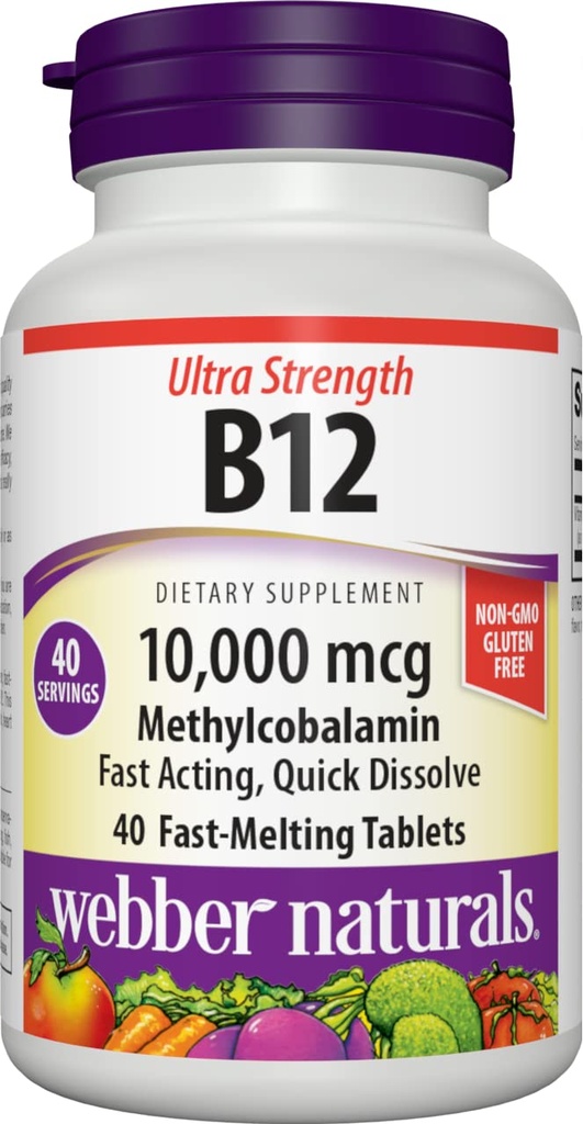 Webber Naturals Vitamin B12 10.000 mcg, Ultra Strength, 40 Count, Fast Dissolve Tabletten, Vitamin Supplement Unterstützung für Energie Stoffwechsel, Immun- und Herzgesundheit, Vegan Formel