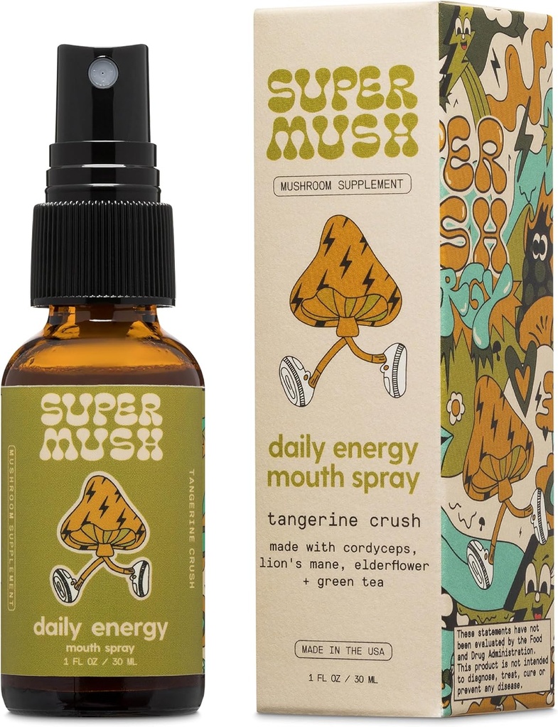 SuperMush Daily Energy Mouth Spray - Pilz-Ergänzung - Lions Mane & Cordyceps Gemischte Pilze Extrakt reine flüssige Sprays für Fokus, Stamina & Clarity - 30ml Bio Lions Mane Fungi Spray