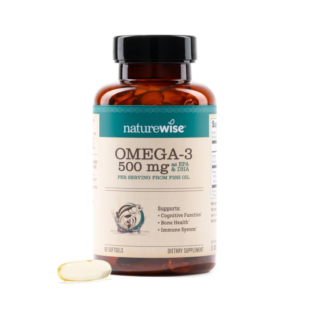 Omega 3 Fischöl - 500 mg pro Pille - EPA & DHA - Immununterstützung, Gehirn & Optimale Wellness - Gluten und Soja frei, Nicht-GVO - 60 Softgels