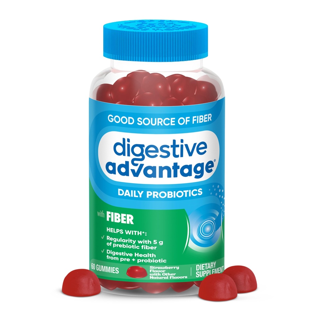 Verdauungsvorteil Prebiotic Fiber Gummies + Probiotics for Gut Health, 5g Prebiotic Fiber Plus 1 Billion CFU Probiotic, unterstützt Verdauungsgesundheit & Regelmäßigkeit, (60ct Bottle) Erdbeeren Flavor*