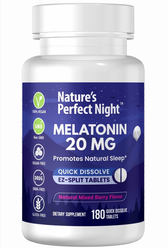 La nuit parfaite de la nature: Melatonine 20mg: 180 Comprimés dissolvants rapides: Natural Mixed Berry Flavor: Haute puissance: sans sucre: Vegan: sans gluten Taille de la valeur