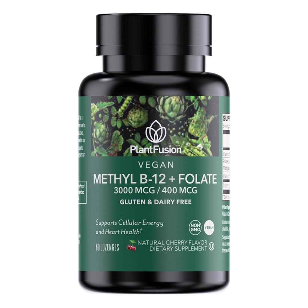 Complexe Vitamine B Méthylée PlanteFusion – Végétalien B12 3000mcg, Méthylfolate végétalien (5-MTHF) 400mcg, B6 & TMG – Lozanges aromatisées à la cerise – 60 Nombre