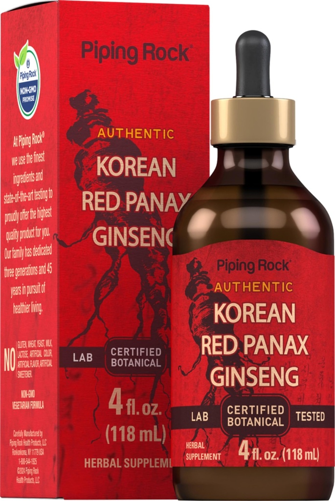 Piping Rock Korean Red Ginseng Liquid Extract | 4 Fl Oz | Panax Root Extract | Alkoholfrei Tinte | Vegetarisch, Non-GMO, Glutenfreie Ergänzung
