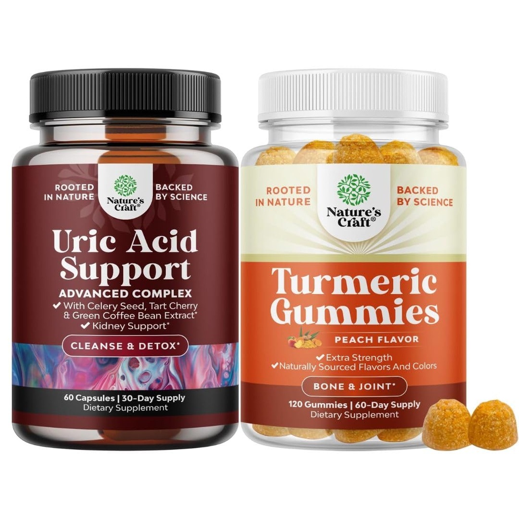 Natures Craft Bundle of Vegan Uric Acid Cleanse and Detox for Men and Women's Joints Reins and More and Turmeric Gummies for Adults Peach Flavor - Extra Strength Joint Support Gummies