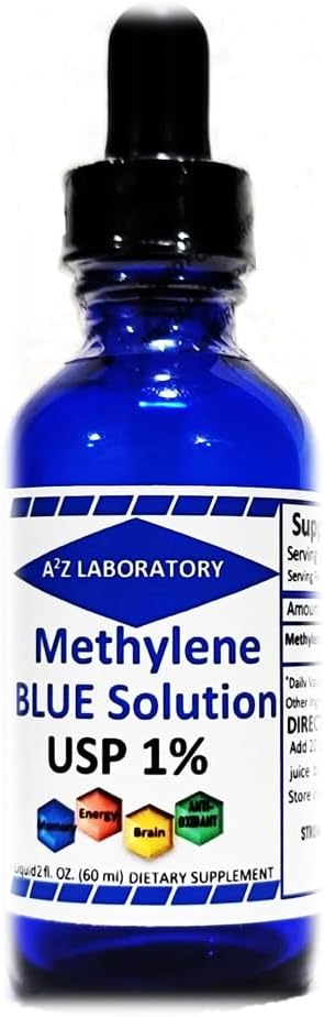 1% A2Z Laboratory (en anglais seulement) USP-Grade Methylthioninium Chloride Liquide (en anglais seulement) Supplément alimentaire à haute pureté pour la fonction cérébrale et la santé cognitive (en anglais seulement)