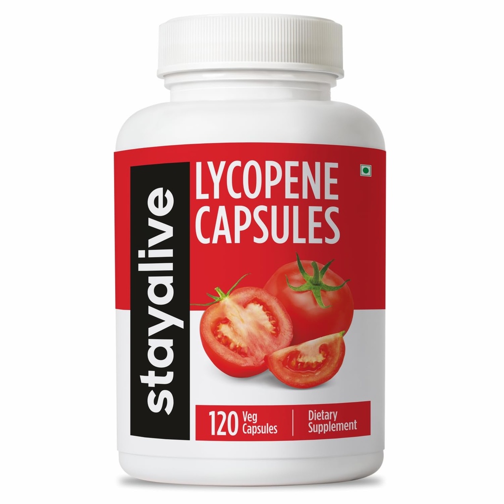 STAY ALIVE Lycopène Supplément pour hommes 60mg, poudre d'extrait de tomate naturelle, 120 Capsules avec 4 mois d'approvisionnement, 100% complexe de lycopène Veg, sans OGM et sans gluten supplément caroténoïde