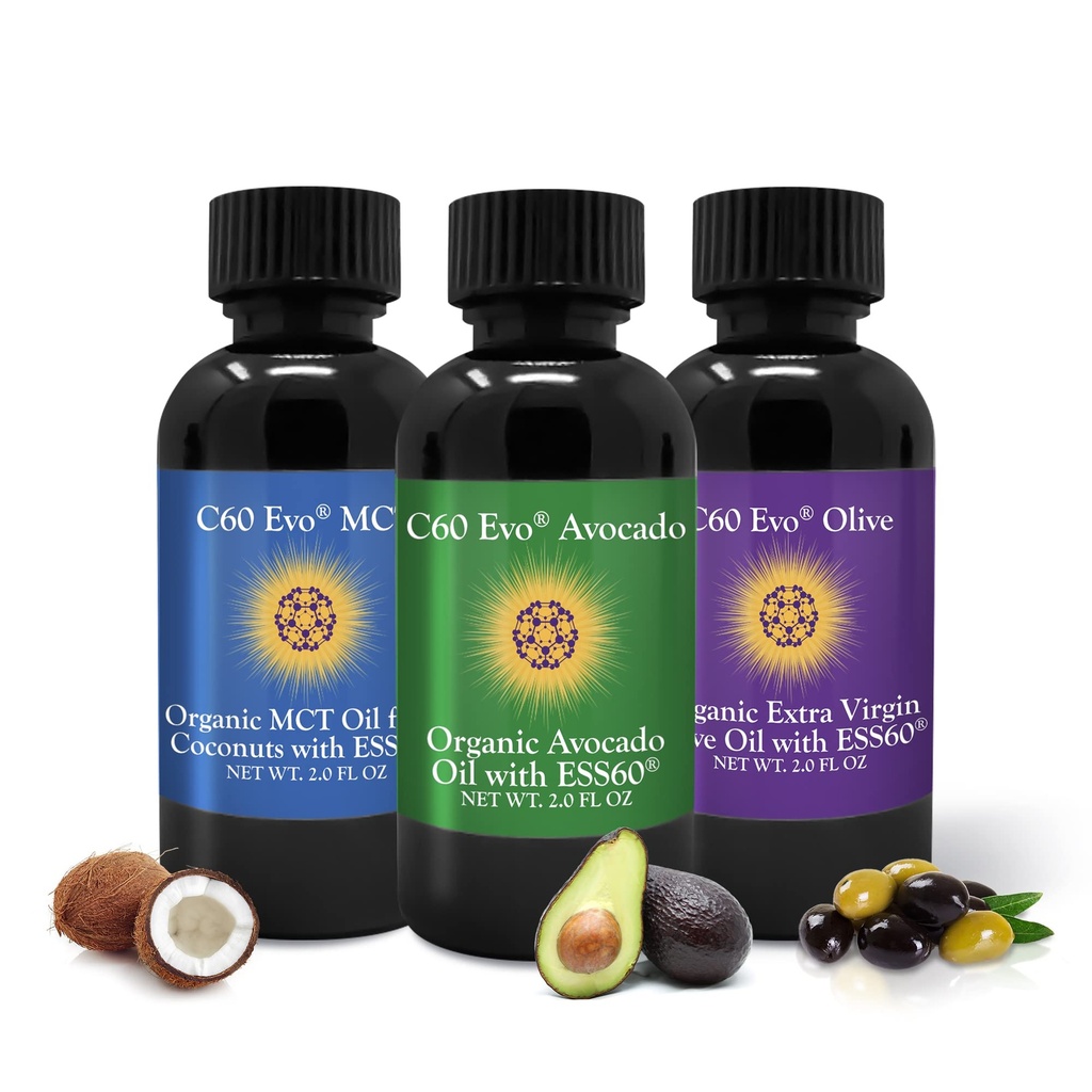 C60 Evo All-Natural Edible Oils, Mini Oil Sampler Set mit Pure C60 ESS60, Immununterstützung und Joint Support Supplement mit Olivenöl, Avocado Oil & MCT Coconut Oil, Set von 3, 2 Unzen