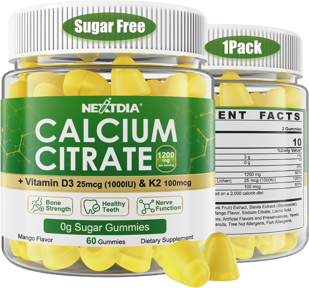 Calcium-Zitrat-Gummien 1200mg mit Vitamin D3 K2, Kaubare Kalzium-Ergänzungen für Frauen & Männer, hohe Potenzunterstützung B0ne, Te*th, Stärke & Immune Gesundheit, Mango Flavor, Non-GMO, Zuckerfrei, 60 Cts