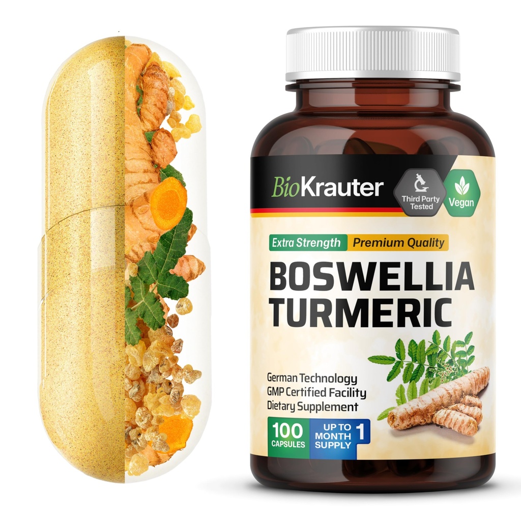 BIO KRAUTER Turmeric Supplement mit Boswellia Extract Kapseln - 2000 mg Blend - 100 Count - Vegan Boswellia Turmeric (Curcumin) - Formel w/Black Pepper