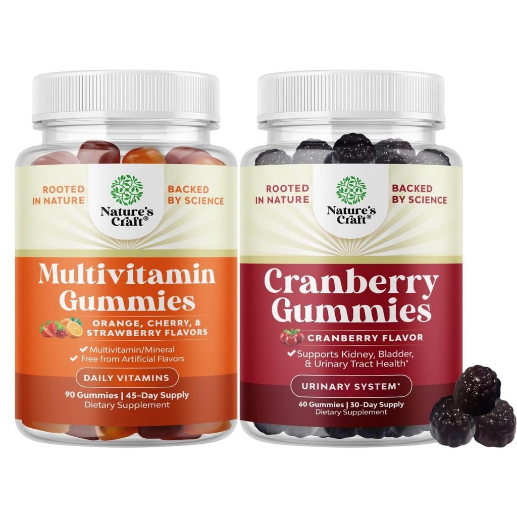 Bundle of Potent Daily Multivitamin Gummies for Adults and Natural Cranberry Gummies for Women and Men - Wellness Blend of Vitamin D A C E B12 Zinc and Biotin - Extra Strength Delicious Antioxidant