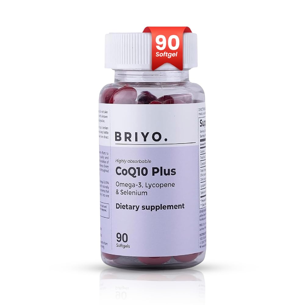 Briyo CoQ10 100mg Supplement mit Omega 3 EPA DHA, Lycopen und Selen – für Herzgesundheit, Energieunterstützung, Antioxidantienschutz, Gesundes Altern – Einmal täglicher Softgel, 90 Zähler