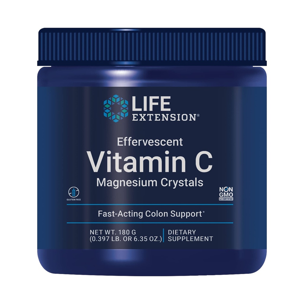 Life Extension Effervescent Vitamin C Magnesium Crystals, immediate Relief from Occasional Constipation, Gluten-Free, Non-GMO, Vegetarian, Net Wt. 180 Grams
