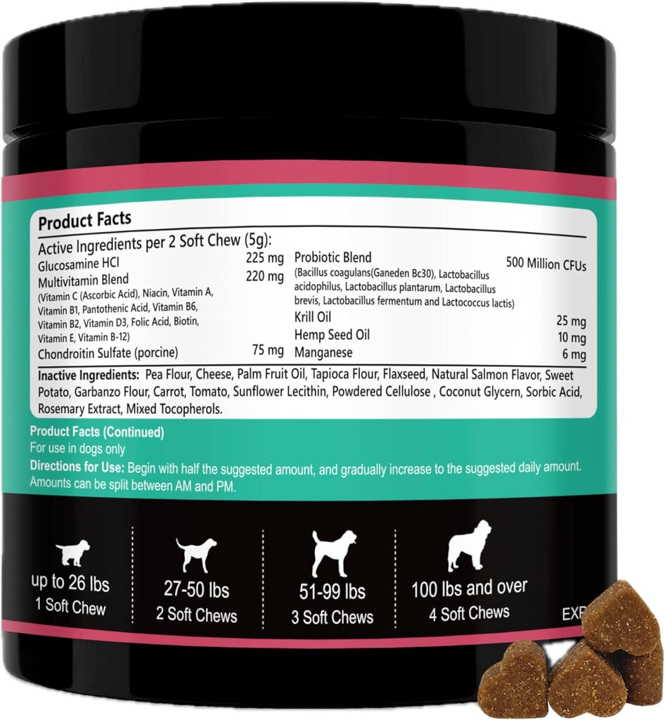 Hunde Multivitamine Kaubar- 15 in 1 Hunde Vitamine Multivitamin für Herzgesundheit - Omega 3 Öl für Haut und Mantel, Chondroitin und Glucosamin für Hunde Gelenk & Mobilität, Probiotika - 120ct