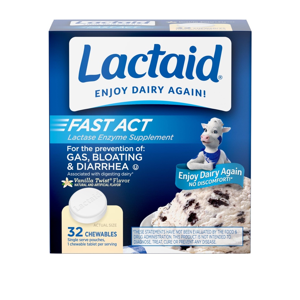 Lactaid Fast Act Lactose Intolerance Relief Chewables mit Natural Lactase Enzyme zu verhindern Gas, Bloating & Durchfall Aufgrund Lactose Empfindlichkeit, On-The-Go, Vanilla Twist Flavor, 32 x 1 ct