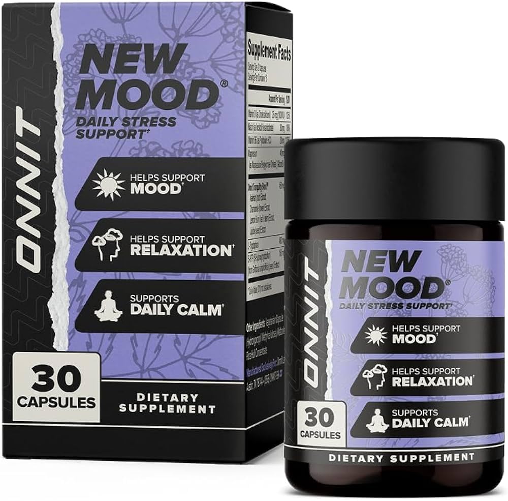 ONNIT New Mood Daily Stress Support Kapseln, IGENTM Non-GMO getestet, Schlaf und Stimmung Unterstützung Ergänzung für Männer und Frauen, Tägliche Stress Management Kapseln, 30 Zähler