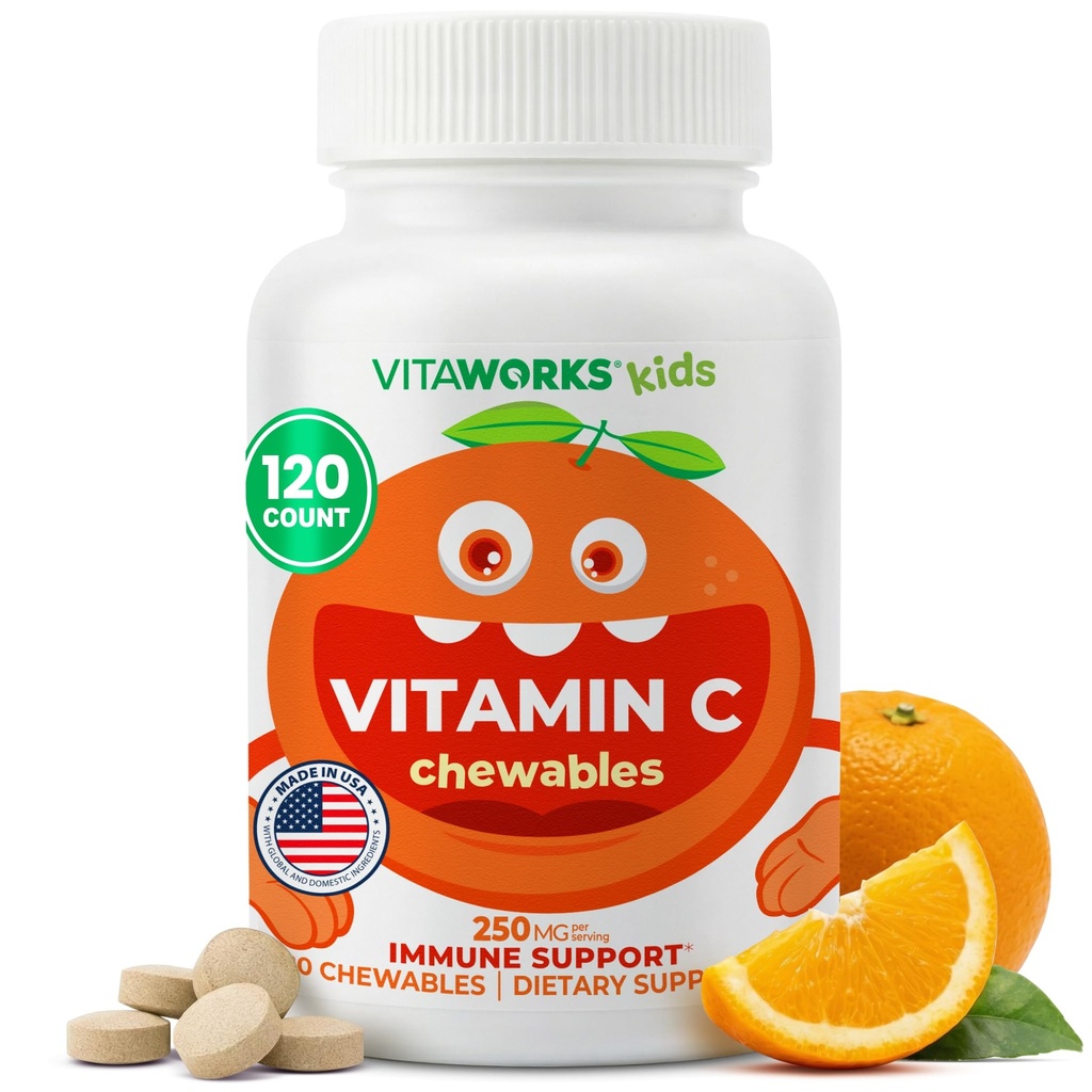 Kinder Vitamin C Kautabletten 250mg - Vegan, GMO-frei, Glutenfrei, Nüssefreie Vitamine - Nahrungsergänzungsmittel für Immununterstützung - für Kinder - 120 Kaumittel