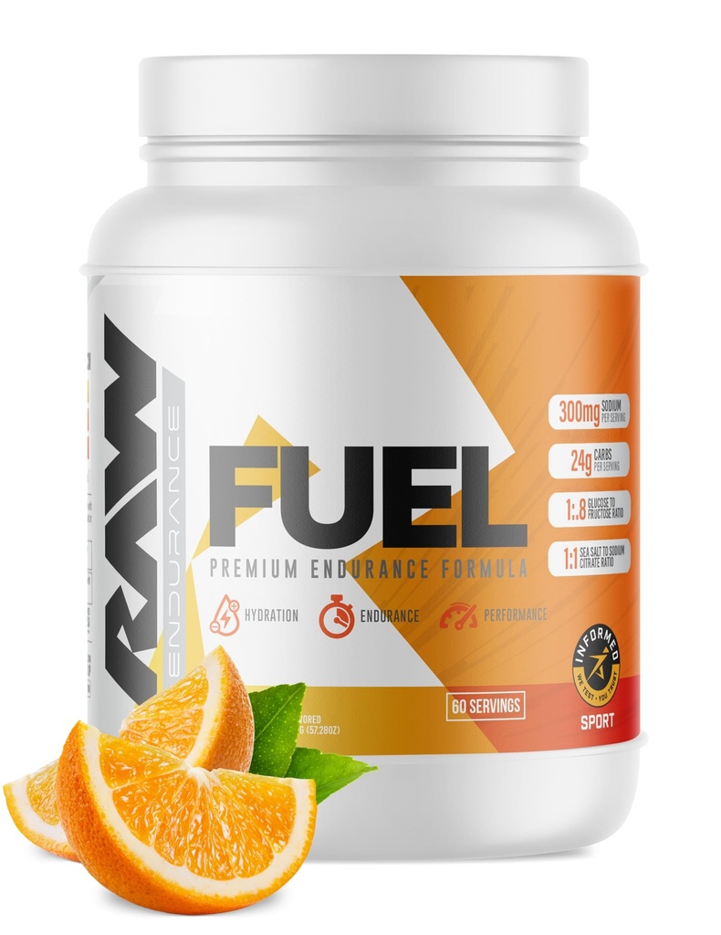 Carburant RAW, poudre de supplément d'endurance Premium, orange (60 portions) - Performance de pointe, hydratation et endurance pendant les séances d'entraînement, la formation ou la compétition - 24g de glucides et 300mg de sodium