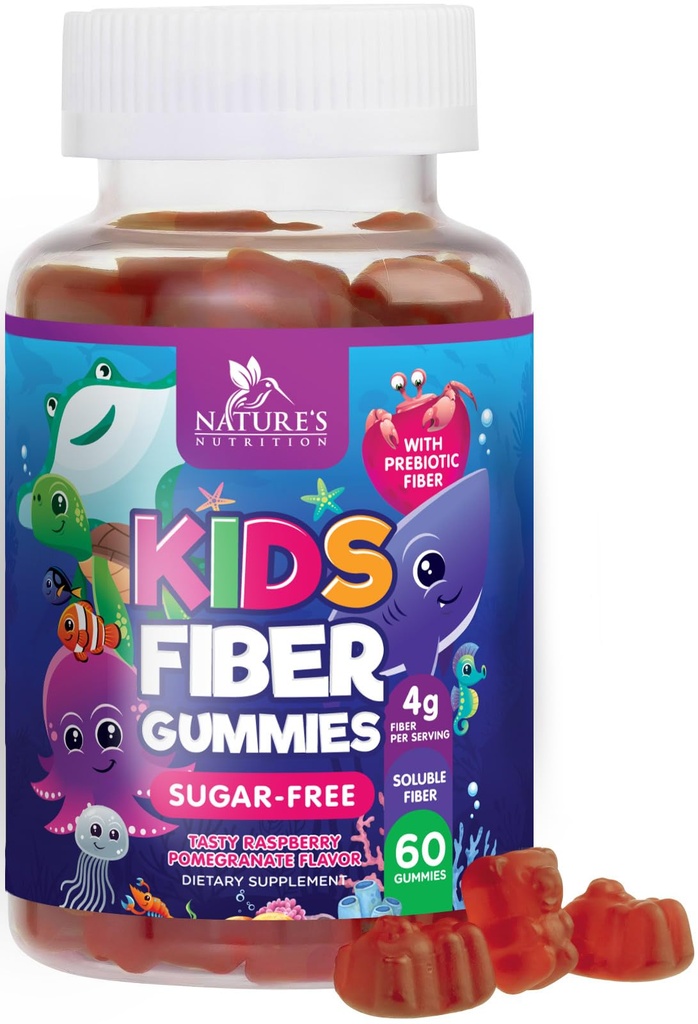 Kids Fiber Gummies 4g – Prebiotic Fiber Supplement for Digestive Health, Regularity & Immun Support – Sugar Free & Plant-Based Fiber – Natural Raspberry Flavor – Vegan, Glutenfrei – 60 Gummis