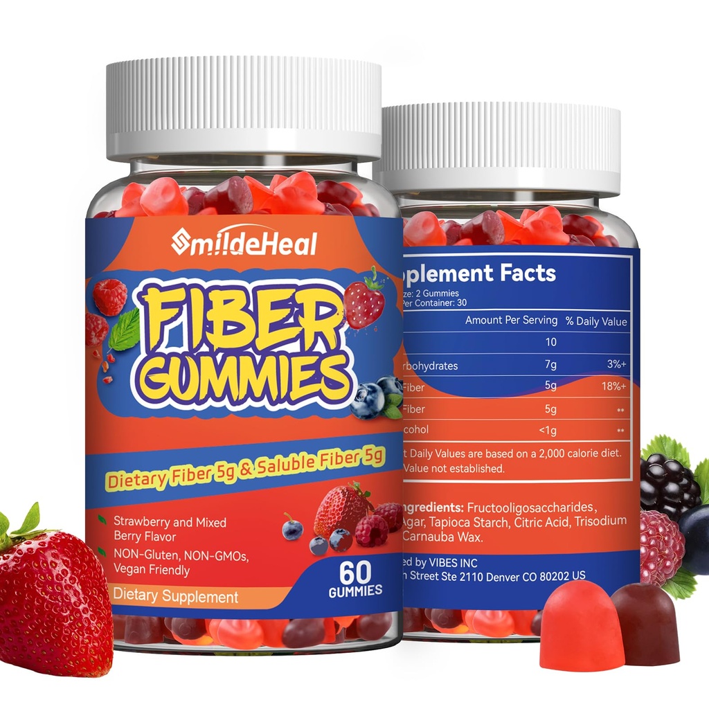 Gummies de fibre, Fibre alimentaire, pour les femmes et les hommes, Gut soutien de la santé, non-OGM, non-gluten, végétalien, mélange de baies et de fraises, 120 Gummies de comte