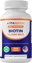 Vitamatic Biotin 10.000 mcg (10 mg) für stärkeres Haar, Haut und Nägel - 365 Vegan Tabletten- Auch genannt Vitamin B7