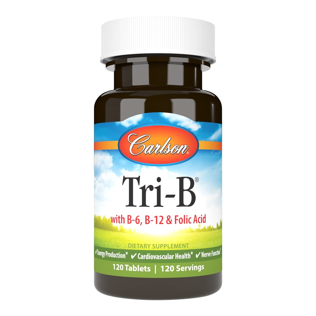 Carlson - Tri-B, Complexe Vitamine B, 25 mg Vitamine B-6, 400 mcg Vitamine B-12, Pills d'énergie acide folique, Promouvoir la santé cardiovasculaire, Vitamines complexes B, Supplément B12, Complexe Vitamine B, 120 comprimés