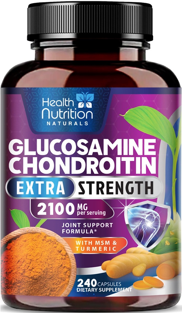 Glucosamin Chondroitin 2100mg - 3X Strength Joint Support Supplement mit MSM, Glucosamine Sulfate, Turmeric, Boswellia, Quercetin für Cartilage, Flexibilität & Mobilität, Bottled in USA, 240 Kapseln