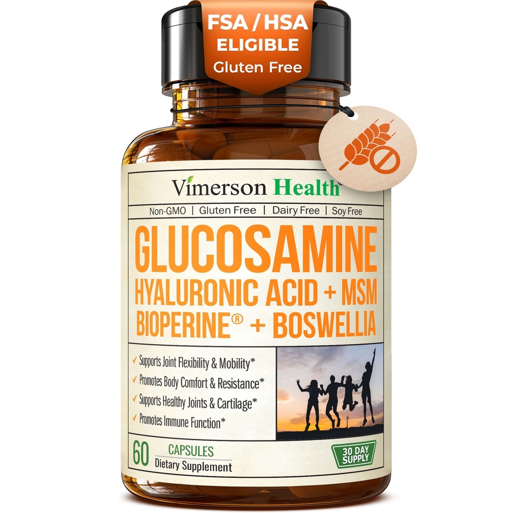 Glucosaminsulfat mit Hyaluronsäure, Boswellia, Black Pepper & MSM Supplement – 5-in-1 Joint Supplements für Männer und Frauen – Joint Health, Mobility & Bone Strength – FSA Eligible 60 Caps