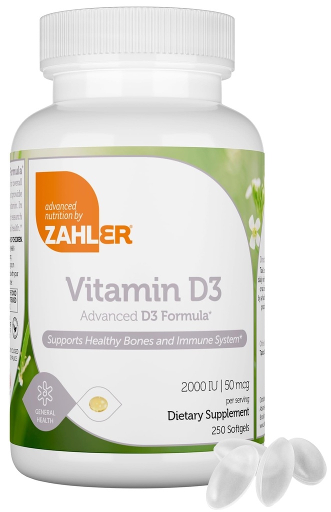 Zahler - Advanced Vitamin D3 2000 IU Softgels (250 Zähler) Kosher Vegetarisch freundliches Vitamin D für Immununterstützung, Knochen, Zähne & Muskel-Gesundheit - Tägliche D3 Vitamin-Ergänzung für Erwachsene - Easy Swallow V