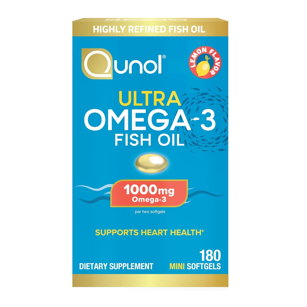 Qunol Fischöl Omega 3 Mini Softgels, 1000mg Omega 3 EPA + DHA, Ultra Pure Supplements, Herzgesundheitsunterstützung, Zitronengeschmack, einfach zu schlucken Minis, 3 Monate Versorgung, 180 Zähler