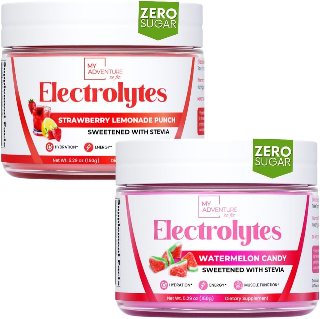 Mon aventure à l'ajustement rafraîchissant électrolytes en poudre avec Zero Sugar, Bundle, Candy de pastèque et Lémonade aux fraises