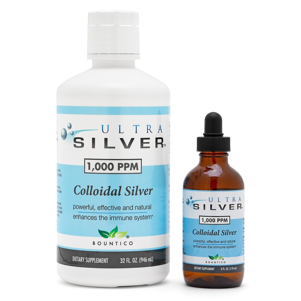 Ultra Silver® Colloidal Silver , 1000 PPM, 32 Oz (946mL) , Supplément minéral , Argent Colloidal Vrai - Bouteille à goutte de 4 oz (Empty) inclus pour la distribution!