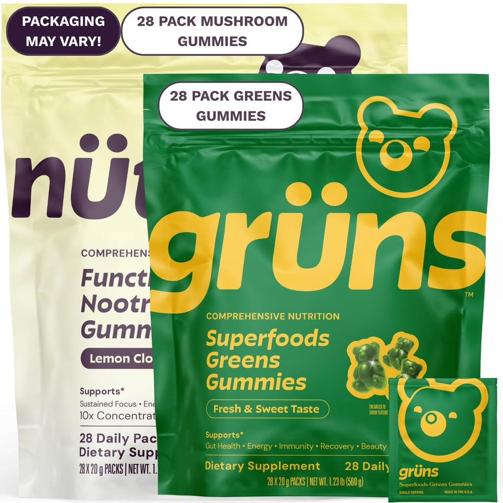 Gruns Superfood Green + New Nütrops Gummy Bundle, Organic Nutritional Supplement 2 x 28 Pack: Multivitamin, Präbiotika, Adaptogene + Nootropic Pilz Kräuterergänzung zur Unterstützung Mood, Fokus, Gut