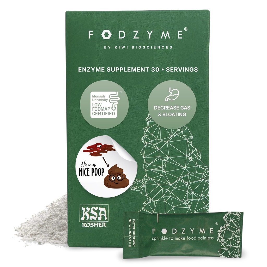 FODZYME® On-The-Go Verdauungsenzyme für Gutgesundheit, Relief für Bloating, Gas, Verstopfung, Durchfall, Bauchschmerzen, Niedrig FODMAP, 30 Dose