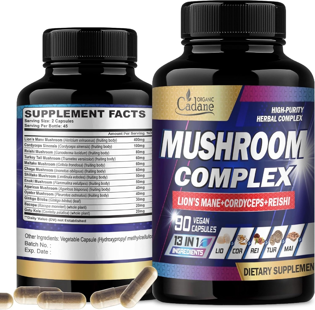 Organic Cadane Mushroom Complex Supplements - Brain Health, Immune System, Memory & Energy Production - 13in1 with Lions Mane Mushroom, Bacopa, Reishi & More - 90 Vegan Capsules