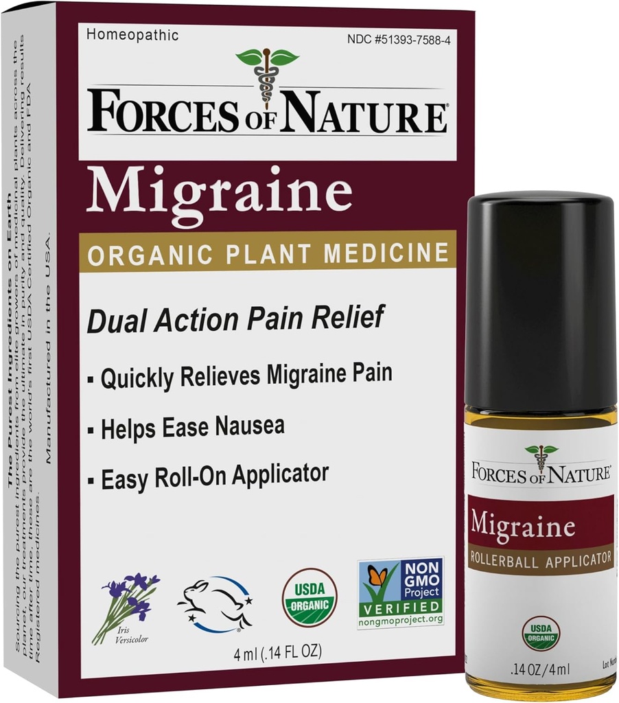 Forces de la nature Natural, Organic Migraine Pain Relief Topic Roll-on, soutient Prodrome, Aura, Céphalées, Fatigue, Light and Sound Sensibility, Nausées associées aux migraines, Non-OGM, 0,14 Fl Oz