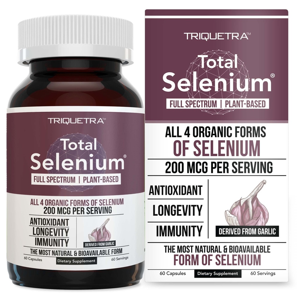 Sélénium total - 200 mcg, Sélénium végétal - Plein spectre, contient 4 formes organiques essentielles de sélénium incluant la sélénométhionine - dérivé de l'ail - 60 capsules