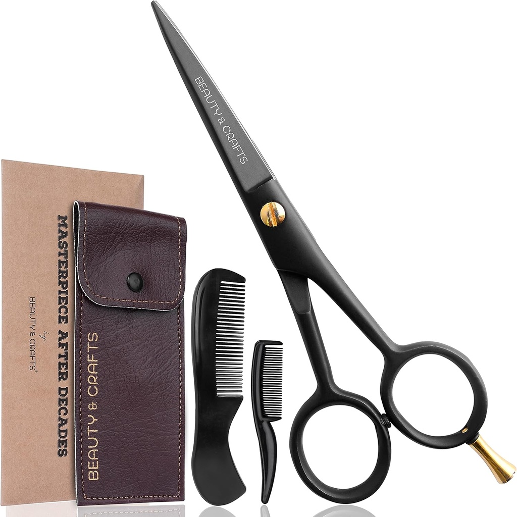 Beauty & Crafts - Ciseaux à Mousquete Allemande de 5'' - 2 Peignes à Mousquete pour Cheveux du visage avec Belle Pochette - Ciseaux à Trimming de Barbe Utilisation pour le grooming, la coupe et le stylage de la moustache (Noir)