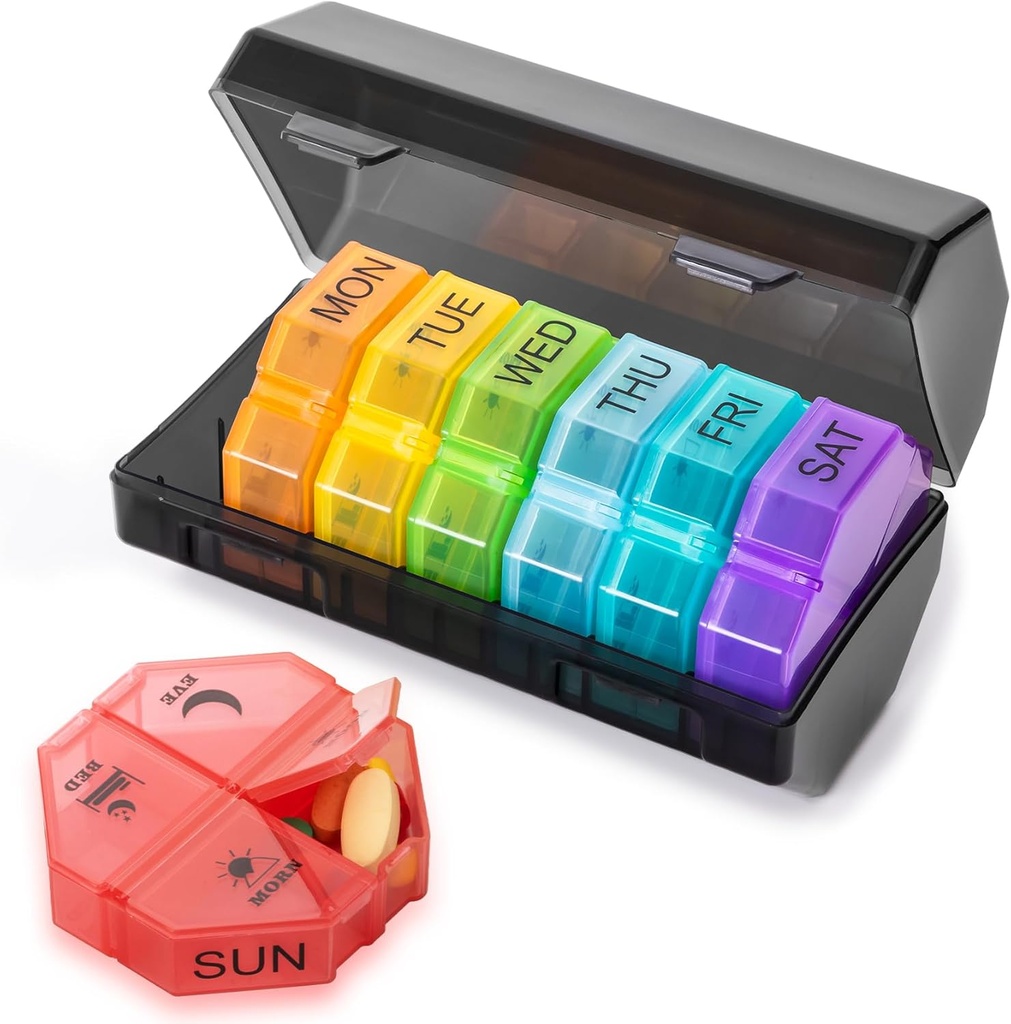 Wöchentliche Pille Organizer 4 Mal am Tag, große Pille Box 7 Tag tägliche Pille Fall mit 28 Extra große Komponenten Portable Reise Pille Container große Medizin Organizer für Supplement Vitamin (Rainbow)