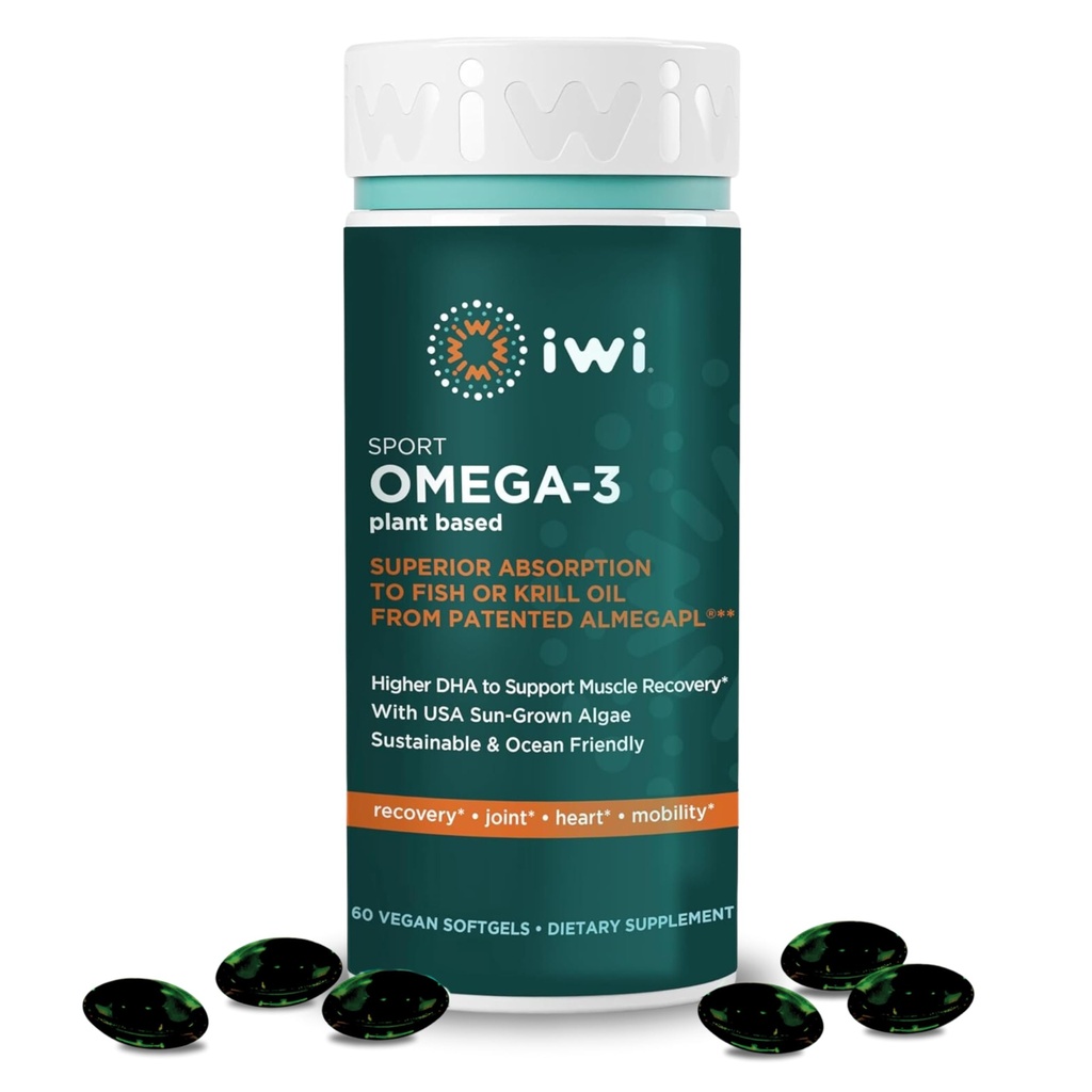 Iwi Omega-3 Sport, 60 Softgels (30 Servierungen), Pflanzenbasierte Vegan Algae Omega 3 mit DHA, Übung Erholung Unterstützung Nahrungsergänzung, Krill & Fisch Öl Alternative, keine Fishy Nachgeschmack