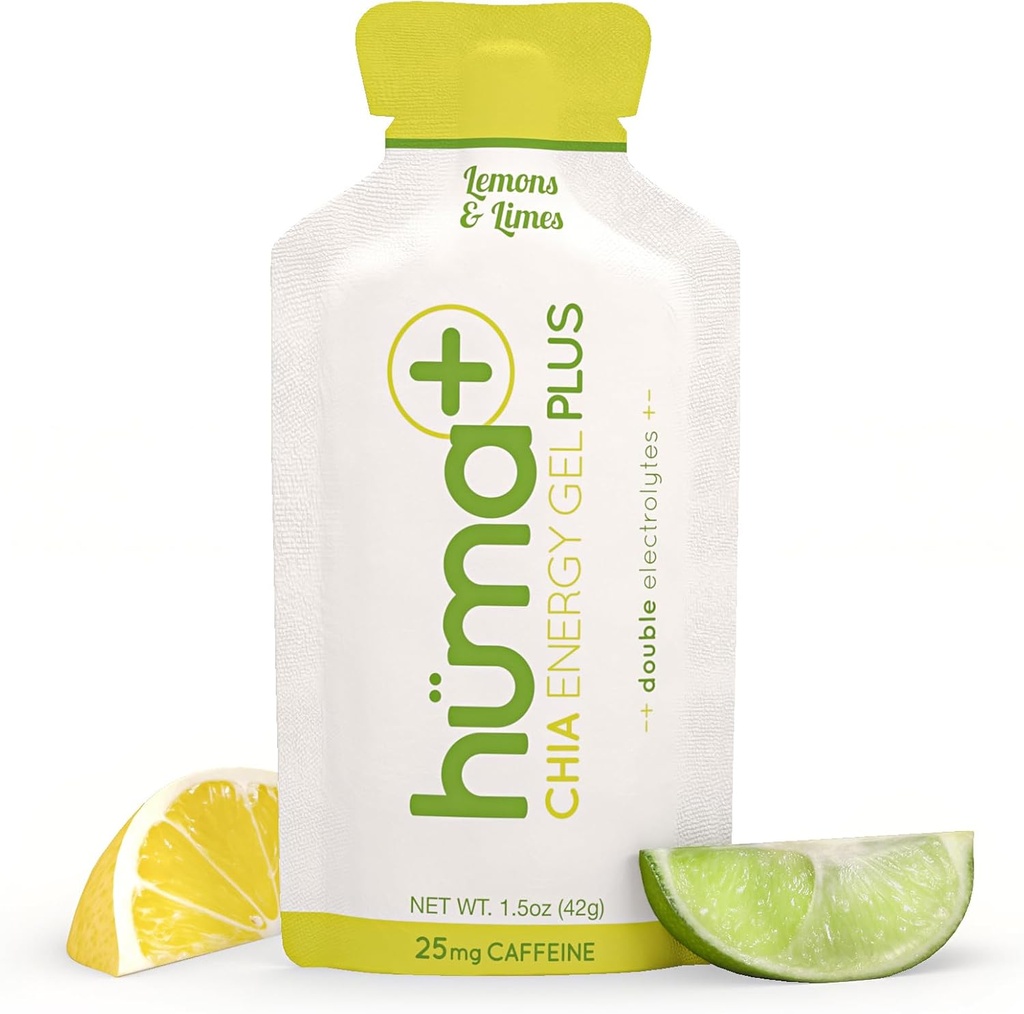 Huma Plus (Doppelelektrolyte) - Chia Energy Gel, Lemon Lime, 12 Gels, 25mg Koffein - Stomach Friendly, Real Food Energy Gels
