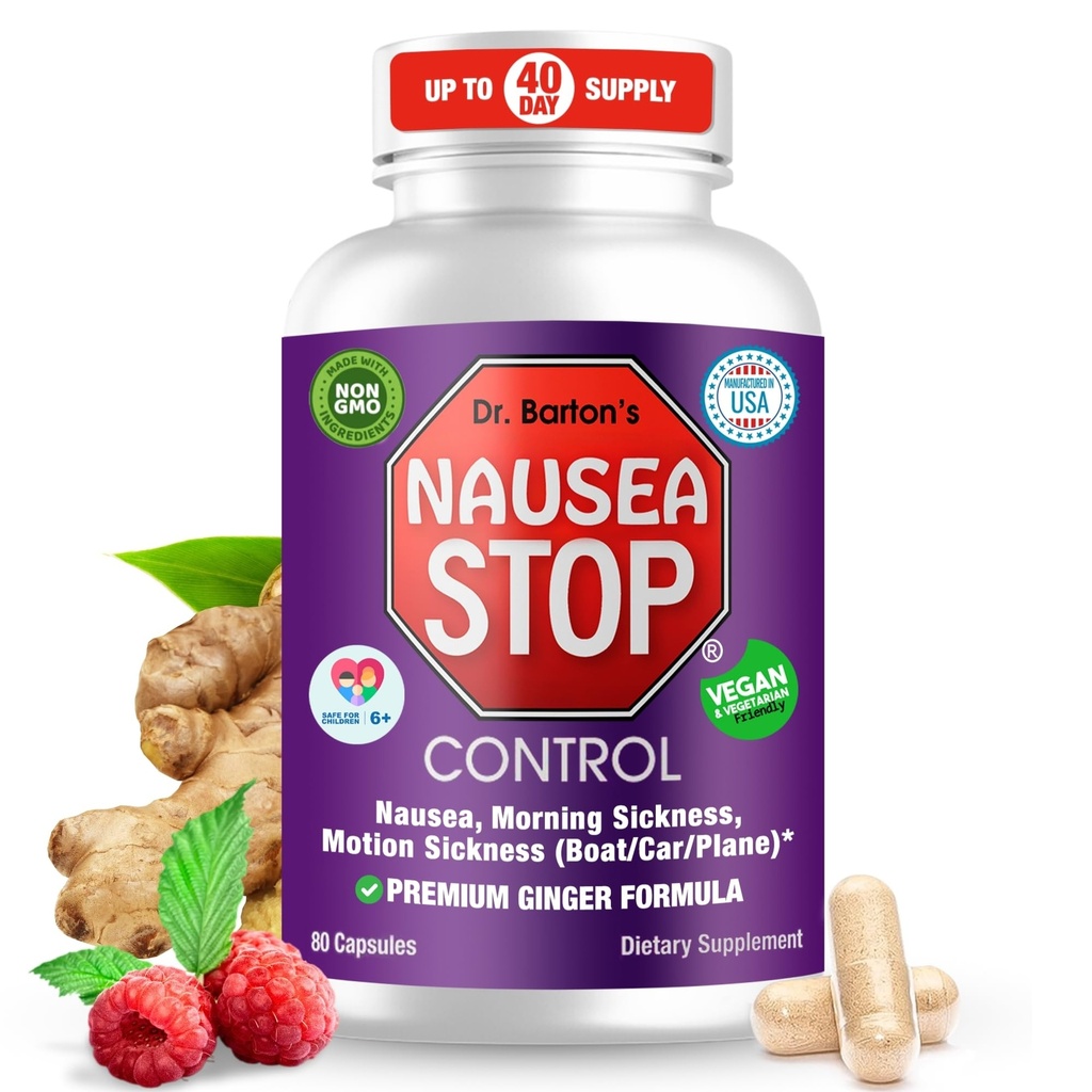 Dr. Barton's Nausea Stop - Natürliche Ginger, Nicht-Drowsy Nausea Relief Pillen für Erwachsene & Kinder, Anti Nausea, Upset Stomach, Morgenkrankheit & Schwangerschaft Nausea - Travel Essentials - 80 Kapseln (1 Pack)