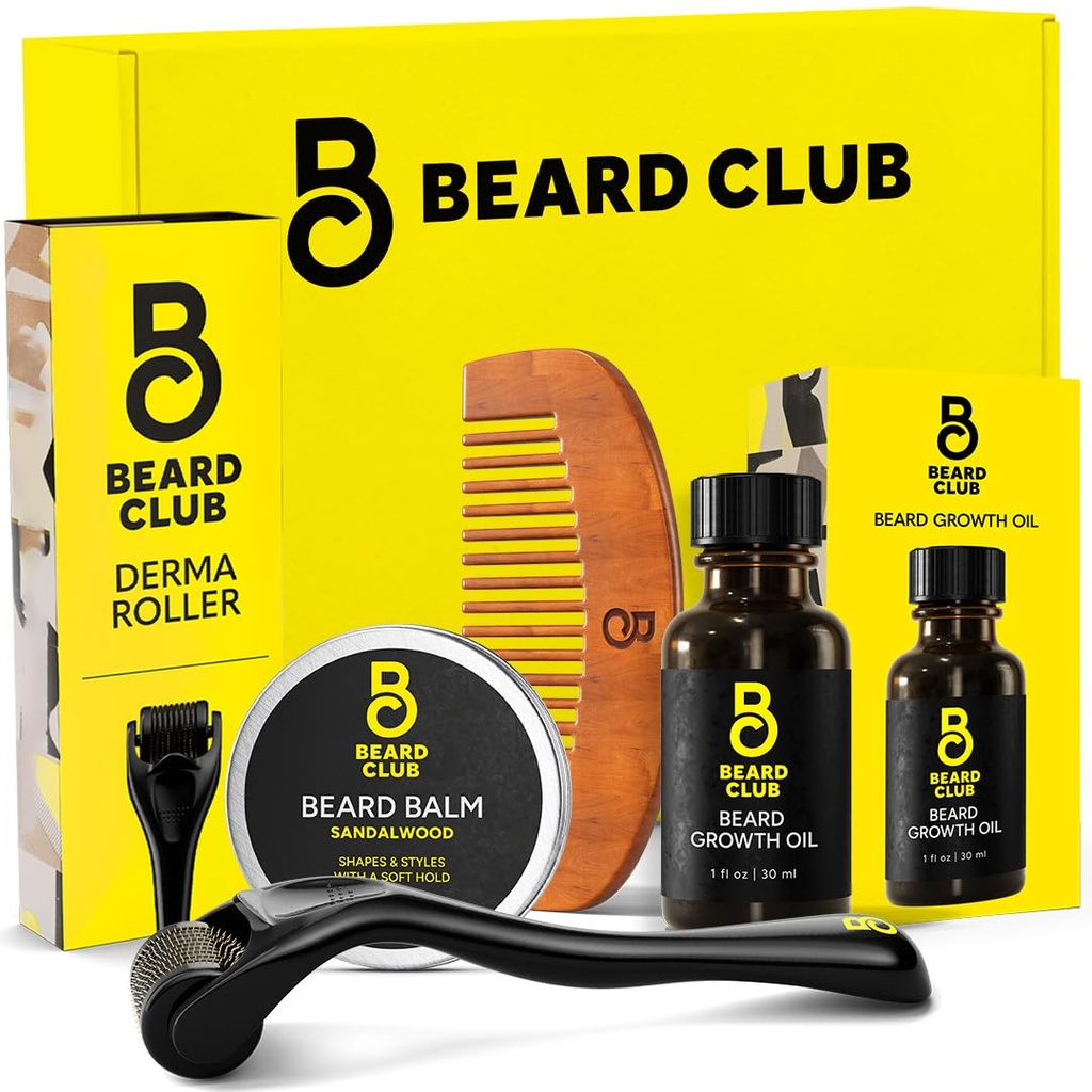 Le kit de croissance de la barbe Club - Derma Roller, huile de croissance de la barbe, baume de sandale, peigne - Cadeau