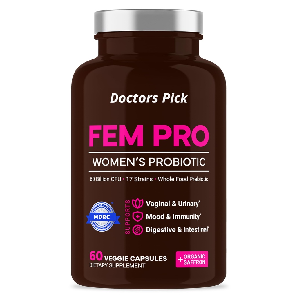 Fem Pro Probiotiques pour les femmes. 17 Straines cliniquement efficaces pour le soutien vaginal, digestif et immunitaire, la santé urinaire, l'équilibre du pH et l'humeur. 60 Capsules de légumes, 2 mois d'approvisionnement