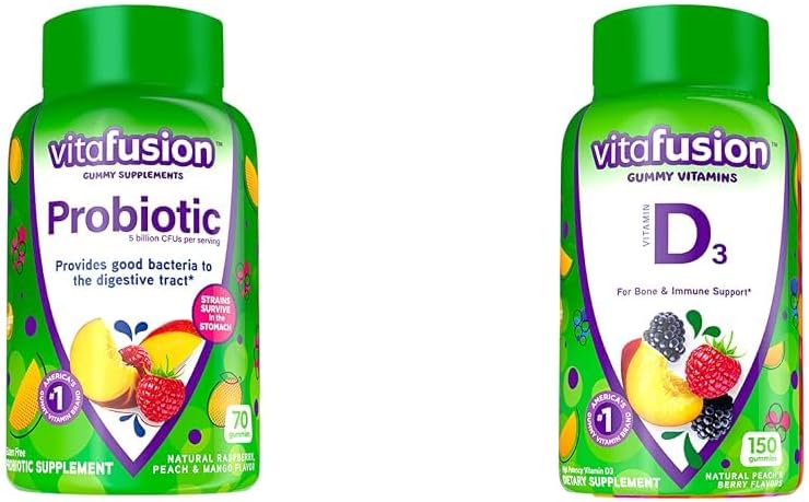 Vitafusion Probiotische Gummy Ergänzungen, Himbeere, Pfirsich und Mango Flavors & Vitamin D3 Gummy Vitamine für Knochen und Immunsystem Unterstützung