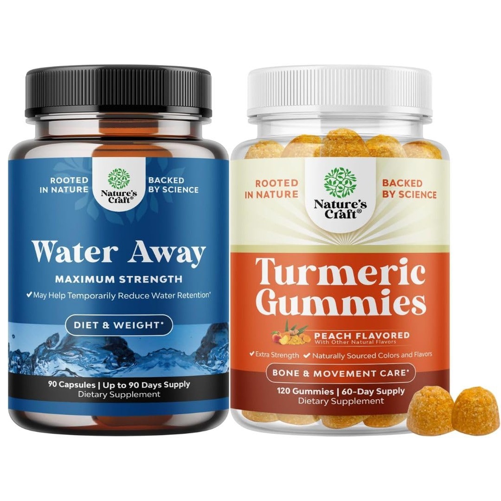 Bundle of Water Away Fluid Retention mit Dandelion Blatt Extrakt & Grüner Tee für Bloating Relief und Turmeric Gummies für Erwachsene Peach Flavor - Kurkuma mit Schwarz Pfeffer Extrakt und Ginger