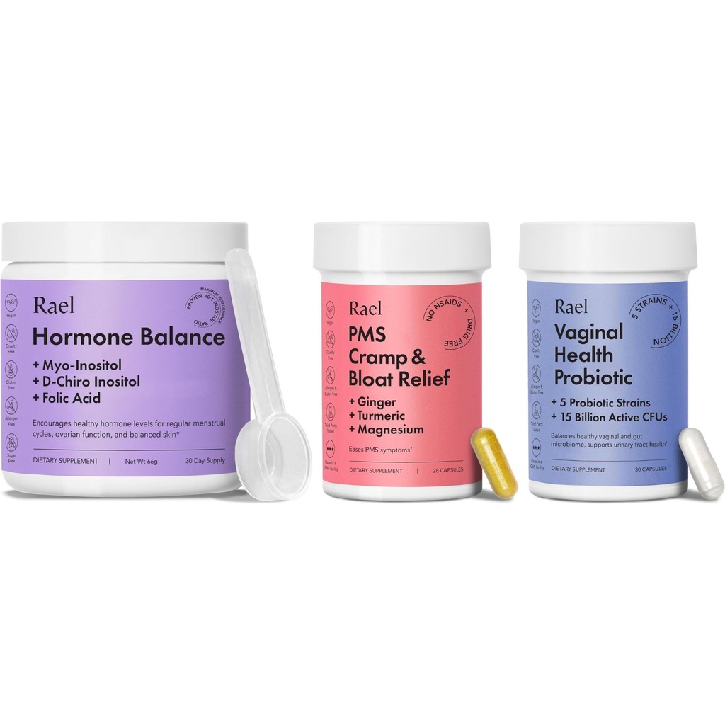 Supplément Rael pour les femmes - Hormone Balance, Myo-Inositol et D-Chiro Inositol (30 jours) et probiotiques, 15 milliards CFU (30 jours) et supplément PMS (28 capsules)