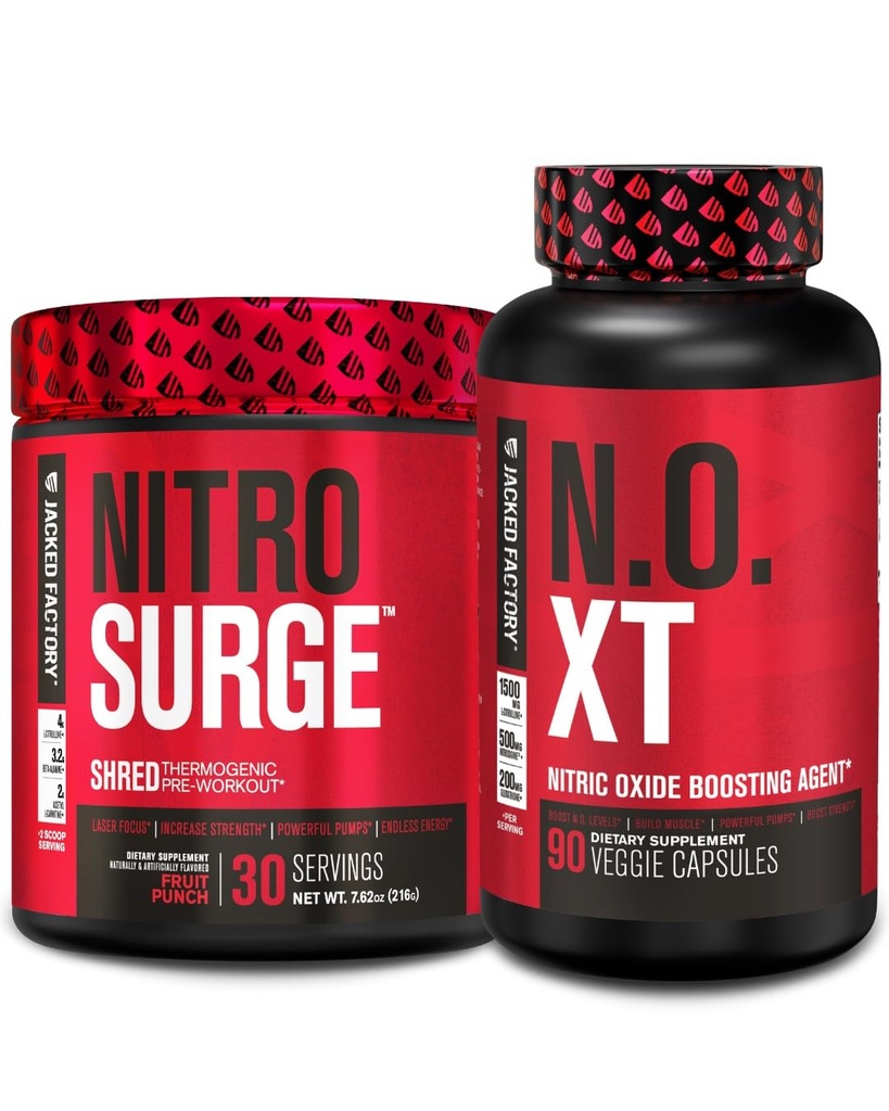 Jacked Factory Nitrosurge Shred Thermogenic PreWorkout in Fruit Punch & N.O. XT Nitric Oxid Booster für Männer & Frauen