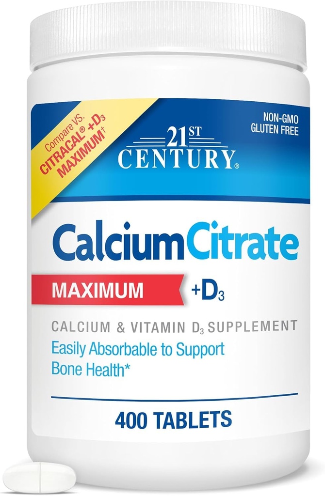 Citrate de calcium du 21e siècle + D3, 400 comprimés par bouteille (2 paquets)