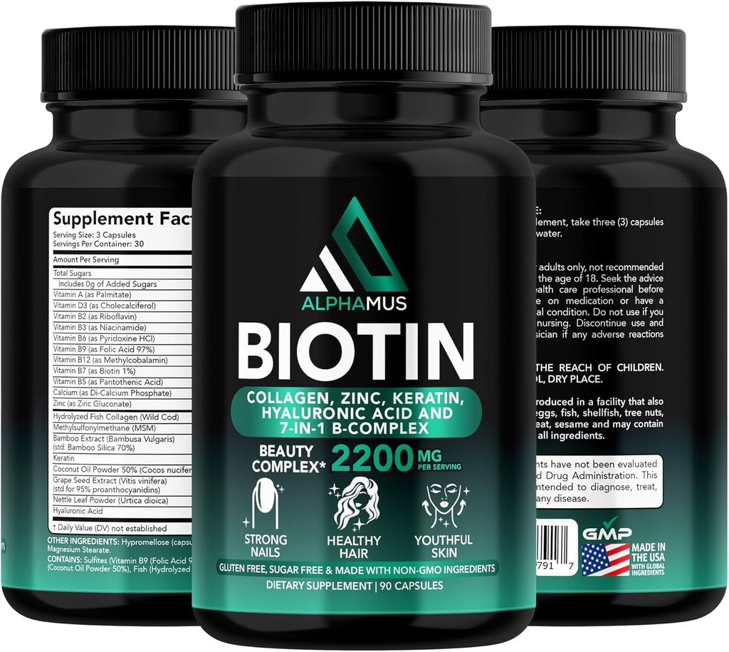 Biotin and Collagen Supplements with Keratin - Biotin 5000mcg Capsules for Hair Growth, Healthy Skin & Nails - Optimized Blend of Hyaluronic Acid & Vitamin-B Complex for Women & Men, 90 Capsules